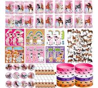 Bomboniere per feste a forma di cavallo rosa, 41 adesivi a forma di cavallo, 12 sacchetti per regali, 12 badge a bottone, 12 portachiavi, 12 mini quaderni, 12 braccialetti in gomma per ragazze, donne,