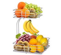 Bomclap Cestino per frutta a 2 ripiani, con porta banana, in metallo, rimovibile, per frutta e verdura, moderno, decorativo (argento)