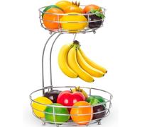 Bomclap Cesto per frutta con porta banana - 2 ripiani in metallo - cucina in piedi moderni ciotole per frutta - Cestino decorativo per frutta - argento