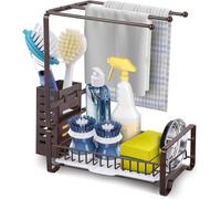 Bomclap Organizer per lavello, supporto in spugna per lavello da cucina con vaschetta di scarico, in acciaio inox, organizer per cucina, cestino per strofinacci, spugne, spazzola (marrone)