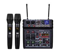 BOMGE Mixer audio karaoke 04E, mixer a 4 canali con doppio microfono wireless UHF, console audio MP3, Bluetooth 48 V, alimentazione phantom, interfaccia audio USB, mixaggio per DJ per feste, computer,