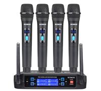 BOMGE Sistema microfonico senza fili, professionale a 4 canali, set con quattro microfoni portatili, frequenza fissa, lungo raggio di 61 m, ideale per chiesa, karaoke, eventi (V410)
