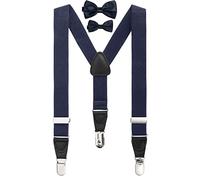 BomGuard Bretelle per bambini adolescenti in ecopelle, blu scuro + papillon blu scuro
