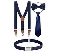 BomGuard Set di 4, Bretelle per bambino + papillon + cravatta + cintura, blu scuro