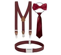 BomGuard Set di 4, Bretelle per bambino + papillon + cravatta + cintura, bordeaux-Rosso