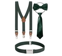 BomGuard Set di 4, Bretelle per bambino + papillon + cravatta + cintura, verde scuro