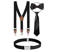 BomGuard Set di 4, Bretelle per bambino + papillon nera + cravatta + cintura, nero