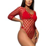 Bommi Fairy Body da donna, elasticizzato, sexy, a maniche lunghe, in rete, a maniche lunghe, con scollo a rompera, body Fishnet Teddy Lingerie, Colore: rosso, XS-XXL