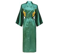 Bon amixyl Accappatoio da uomo in raso di seta accappatoio kimono abito da bagno ricamo drago Yukata Hakma vintage, Verde, S