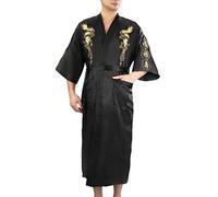 Bon amixyl Accappatoio da uomo in raso di seta accappatoio kimono abito da bagno ricamo drago Yukata Hakma vintage, Nero , L