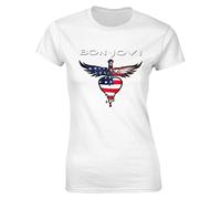 Bon Music Jovi - Maglietta da donna a maniche corte, girocollo, vestibilità classica, casual, sportiva, elasticizzata, nera, bianco, M