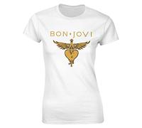 Bon Music Jovi - Maglietta da donna a maniche corte, girocollo, vestibilità classica, casual, sportiva, elasticizzata, nera, bianco, M