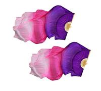 Bonarty Vero Ventaglio di Danza del Ventre in Seta, Colore Sfumato, Ventaglio di bambù, Ventaglio per Donna, Ventaglio A Mano Lunga - Viola + Rosy + Bianco