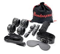 BONDAGERIE® Kit 8 Accessori Nero con Coppia Manette e cavigliere, Frusta, Corda, Collare, in Ecopelle, Sacco in Raso Incluso