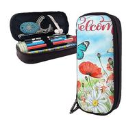 BONDIJ Astuccio in pelle con stampa girasole con pittura a olio, grande capacità portapenne carino astuccio organizer cosmetico con cerniera, Hello Spring Flowers Bee, Taglia unica