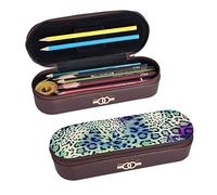 BONDIJ Astuccio in pelle stampata con illustrazione astratta, grande capacità portapenne carino astuccio organizer cosmetico con cerniera, Leopardo verde., Taglia unica