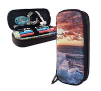 BONDIJ Astuccio in pelle stampata con scritta "Love Beach", grande capacità, astuccio carino per matite e cosmetici, con cerniera, Spray di mare e alba, Taglia unica