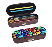 BONDIJ Bella piuma di pavone stampato sacchetto della matita del cuoio, grande capacità borse penna carino astuccio cosmetico organizzatore borsa con cerniera, Cuori arcobaleno., Taglia unica