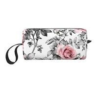 BONDIJ Borsa per il trucco da viaggio, Borsa da toilette portatile, Borsa cosmetica da viaggio con rosa floreale ad acquerello bianco di grande capacità, borsa portaoggetti multifunzionale, bianca