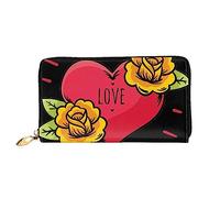 BONDIJ Portafogli da donna, in pelle PU, con cerniera lunga, con cuore e fiori, scomparti multipli per carte di credito, per donne, nero, taglia unica, Nero , Taglia unica