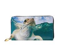 BONDIJ Portafogli da donna, in pelle PU, con cerniera lunga, con fiori bianchi, legno azzurro, scomparti multipli per carte di credito, pochette da donna, Tutrle subacquea, Taglia unica