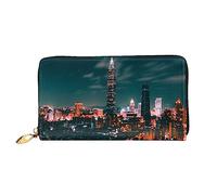 BONDIJ Portafogli da donna, in pelle PU, con cerniera lunga, con fiori bianchi, legno azzurro, scomparti multipli per carte di credito, pochette da donna, Paesaggio di Taipei, Taglia unica