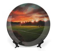 Bone China Piatto decorativo con espositore tramonto Bellissimo campo da calcio Piatti decorativi in ceramica rotonda Piatto da pranzo in ceramica Artigianato Ornamenti in ceramica per casa ufficio