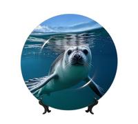 Bone China Piatto decorativo Harp Seal Carta da parati Piatti piani in ceramica Harp Seal Carta da parati Piatti decorativi Stand Ornamento in ceramica Artigianato Piatto di porcellana per soggiorno