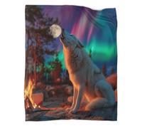Bonfire, Shouting Bianco Wolf Coperta Da Campeggio Esterna Stampata Calda,morbida E Traspirante Aurora boreale And Luna piena Copriletto Per Camera Da Letto Quattro Stagioni 40x50inch(100x130cm)
