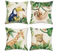 Bonhause Federe per Cuscini Animali della Giungla 45 x 45 cm Copricuscini Leone Giraffa Tucano Pigrizia All'aperto Poliestere Biancheria Federa per Cuscino Bambini Letto Casa Decorazione Set di 4