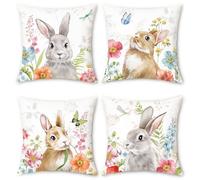 Bonhause Federe per Cuscini Coniglietta Primavera 45 x 45 cm Copricuscini Decorativi Grigio Marrone Coniglio Fiore Federa per Cuscino Divano Casa Giardino Pasqua Decorazione Set di 4