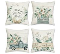 Bonhause Federe per Cuscini Foglie di Eucalipto 45 x 45 cm Copricuscini Decorativi Camion Blu Home Sweet Home Poliestere Biancheria Federa per Cuscino Divano Casa Decorazione Set di 4