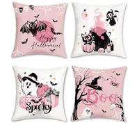Bonhause Federe per Cuscini Halloween 45 x 45 cm Copricuscini Decorativi Zucca Fantasma Pipistrello Gatto Rosa Federa per Cuscino Divano Letto Casa Decorazione Set di 4