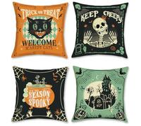 Bonhause Federe per Cuscini Halloween 45 x 45 cm Teschio Gotico Castello Gatto Nero Verde Arancione Poliestere Lino Decorativo Federa Cuscino Divano Casa Decorazione Set di 4