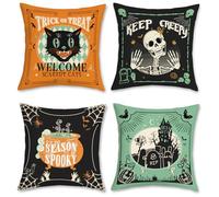 Bonhause Federe per Cuscini Halloween 45 x 45 cm Teschio Gotico Castello Gatto Nero Verde Arancione Velluto Morbido Decorativo Federa Cuscino Divano Letto Casa Set di 4