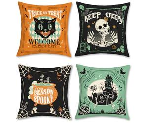 Bonhause Federe per Cuscini Halloween 45 x 45 cm Teschio Gotico Castello Gatto Nero Verde Arancione Velluto Morbido Decorativo Federa Cuscino Divano Letto Casa Set di 4