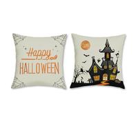Bonhause Federe per Cuscini Halloween Grigie 45 x 45 cm Castello Nero Arancione Poliestere Lino Decorativo per Divano Letto Casa Giardino Esterno Set di 2
