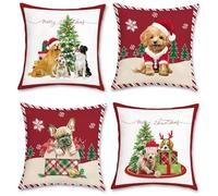 Bonhause Federe per Cuscini Natale Cani 45 x 45 cm Copricuscini Decorativi Natale Cane da Compagnia Rosso Velluto Morbido Federa per Cuscino Casa Vacanze Invernali Decorazione Set di 4