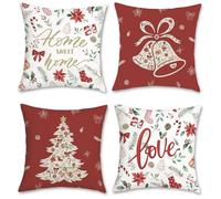Bonhause Federe per Cuscini Natale Rosso 45 x 45 cm Copricuscini Decorativi Natale Albero Campana Foglie Fiori Federa per Cuscino Divano Letto Casa Inverno Decorazione Set di 4