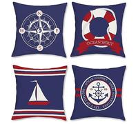 Bonhause Federe per Cuscini Nautica Bussola Ancora Barca a Vela 45 x 45 cm Copricuscini Decorativi Blu Navy e Rosso in Poliestere Biancheria per Divano Letto Auto 4 Pack