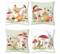 Bonhause Federe per Cuscini Primavera Animali 45 x 45 cm Copricuscini Decorativi Volpe Coniglio Scoiattolo Fungo Fiore Federa per Cuscino Divano Cameretta per Bambini Decorazione Set di 4