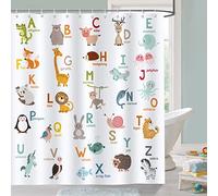 Bonhause Tenda Doccia ABC Alfabeto Educativo Animali Tende per Doccia per Bambini in Poliestere Impermeabile Antimuffa Lavabile Tende Bagno 180 x 180 cm con 12 Ganci