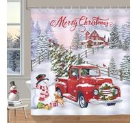 Bonhause Tenda Doccia Natale Camion Rosso Albero di Natale Pupazzo di Neve Cascinale Inverno Tende per Doccia in Poliestere Impermeabile Antimuffa Lavabile Tende Bagno 180 x 180 cm con 12 Ganci