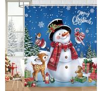 Bonhause Tenda Doccia Natale Pupazzo di Neve Cervo Pino Nevoso Cardinale Inverno Blu Tende per Doccia in Poliestere Impermeabile Antimuffa Lavabile Tende Bagno 180 x 180 cm con 12 Ganci