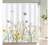 Bonhause Tenda Doccia Primavera Floreale Giallo Bianco Fiori Pianta Acquerello Farfalla Tende per Doccia in Poliestere Impermeabile Antimuffa Lavabile Tende Bagno 180 x 180 cm con 12 Ganci