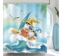 Bonhause Tenda Doccia Surf Gnomi Estivi Blu Oceano Onda Tavola da Surf Tende per Doccia in Poliestere Impermeabile Antimuffa Lavabile Tende Bagno 180 x 180 cm con 12 Ganci