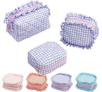 Bonita bolsa de maquillaje para mujer, con lazo acolchado y volantes, perfecta para uso diario y para viajes.
