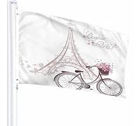 Bonjour Paris Flag Decor 3x5 Ft Torre Eiffel Bicicletta Fiori rosa romantici Farfalla Poliestere Motivo stampato Decorazioni per esterni per case e giardini