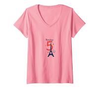 Bonjour to 5 Amazing Years: Francia Regalo di Compleanno Maglietta con Collo a V, Donna, Rosa, S