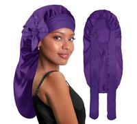 BONNET QUEEN Cappello di Seta Lungo con Ampia Fascia per Donne dai Capelli Ricci, Cappello di Seta Notturno per Capelli Lunghi Naturali, Treccia, Parrucche, Locs, Dreadlocks, Viola Scuro